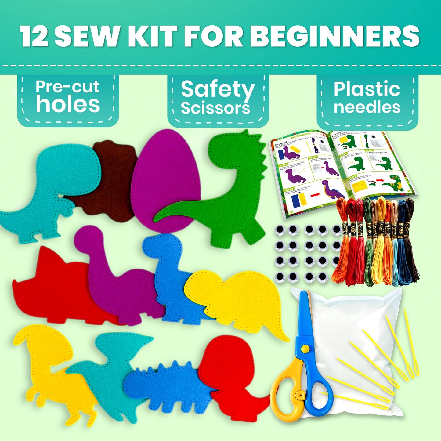 Craft Kits for Kids - 12 Dinos Sewing Kit