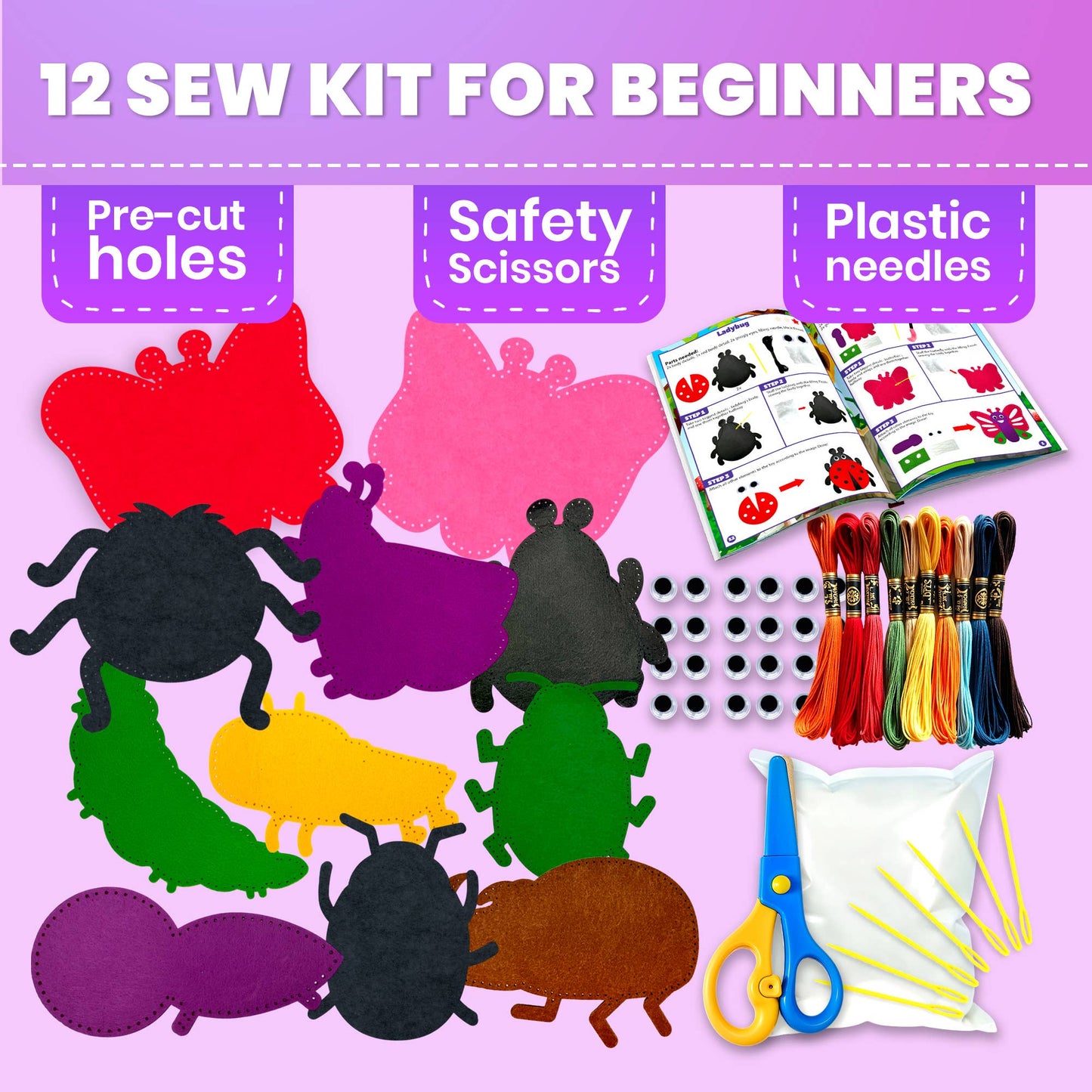 Craft Kits for Kids - 12 Bugs & Insects Sewing Kit