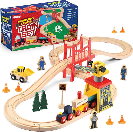 38-Pc Wooden Train Set for Toddlers - Crane & Bridg